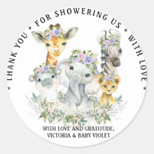 Autocollant rond Baby shower Safari violet