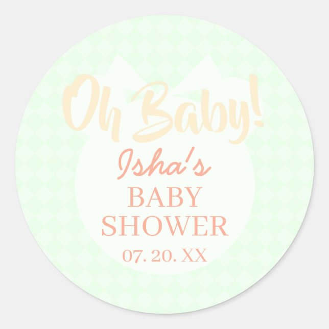 Autocollant Rond Baby Shower Vert Clair Oh bébé (Devant)