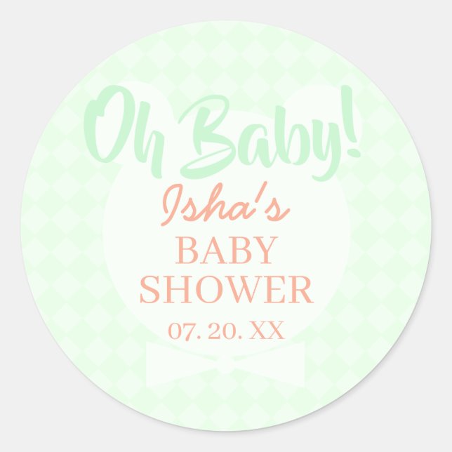 Autocollant rond Baby Shower Vert Clair Oh bébé  (Devant)