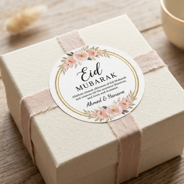 Autocollant Rond Boho Blush Floral Eid Mubarak (Créateur téléchargé)