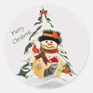 Autocollant rond bonhomme de neige et oiseaux de N