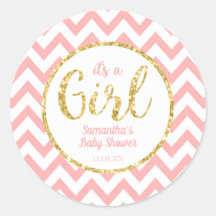 Autocollant rond | Chevron de baby shower rose et