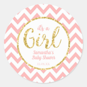 Autocollant rond Chevron de baby shower rose et