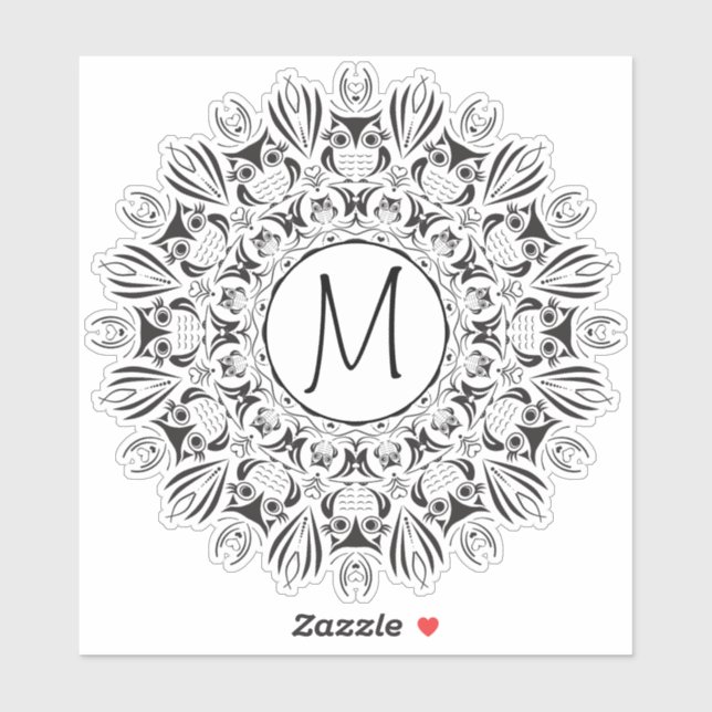 Autocollant rond clair mandala chouette monogramme (Feuille)