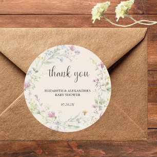 Autocollant Rond Classique Baby Shower Couple Fleu