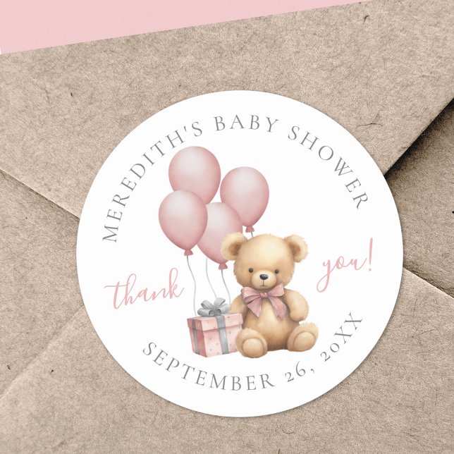 Autocollant Rond Classique Baby Shower Ours en Pel (Pink Teddy Bear Baby Shower Classic Round Sticker)
