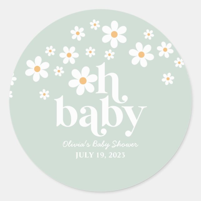 Autocollant Rond Classique Baby Shower Retro Daisy (Devant)