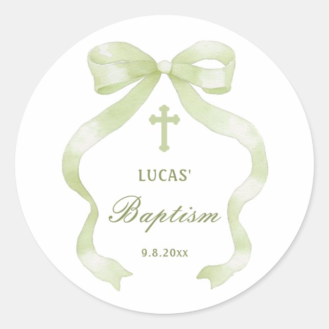 Autocollant Rond Classique Baptême Arc Vert Élégan (Devant)