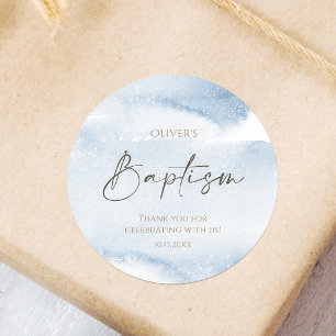 Autocollant rond classique baptême garçon aquarell
