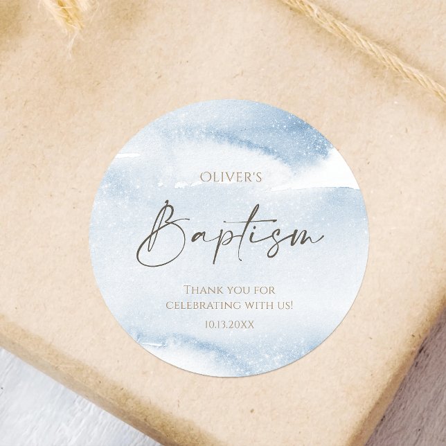 Autocollant rond classique baptême garçon aquarell (Blue Watercolor Boy Baptism Classic Round Sticker)