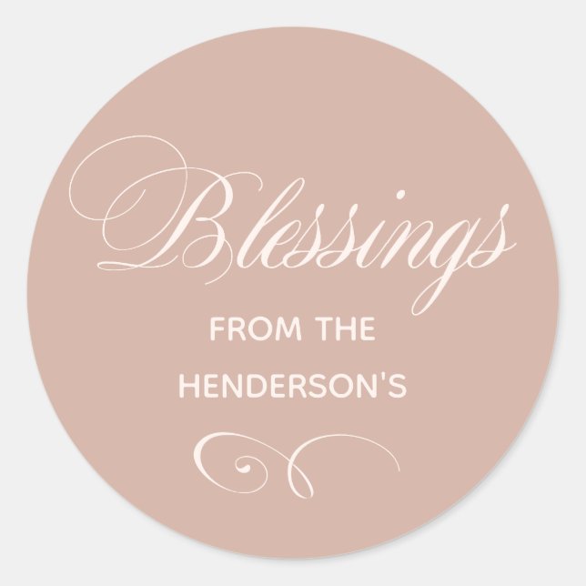 Autocollant rond classique Beige Blessings nommé (Devant)