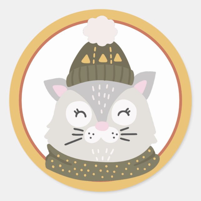 Autocollant rond classique chat de Noël (Devant)