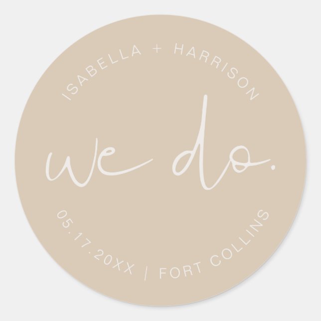 Autocollant rond classique de mariage beige Boho I (Devant)
