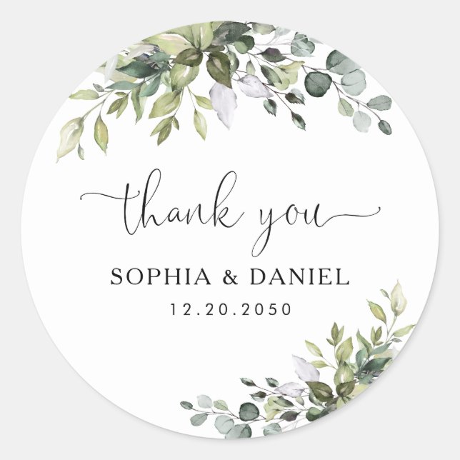 Autocollant Rond Classique de Mariage Eucalyptus (Devant)