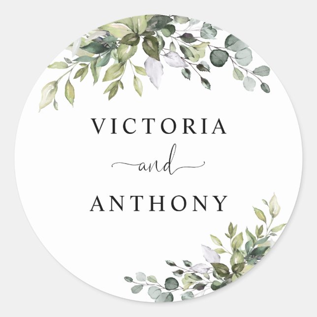 Autocollant Rond Classique de Mariage Eucalyptus (Devant)