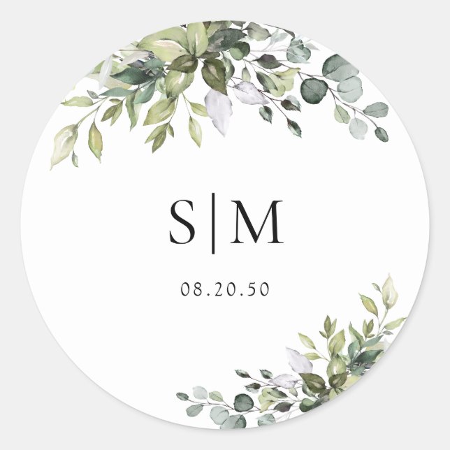 Autocollant Rond Classique de Mariage Eucalyptus (Devant)