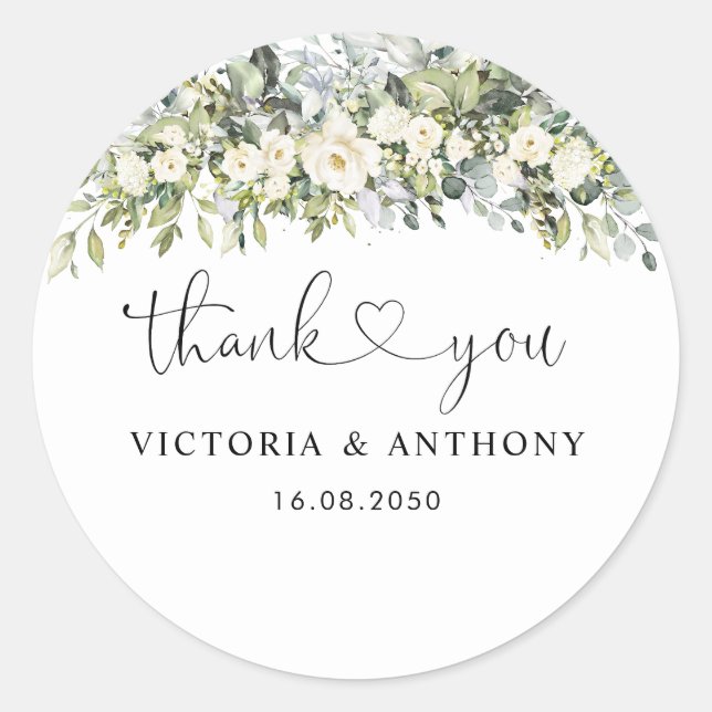 Autocollant Rond Classique de Mariage Floral Blanc (Devant)