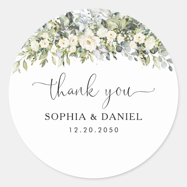 Autocollant Rond Classique de Mariage Floral Blanc (Devant)