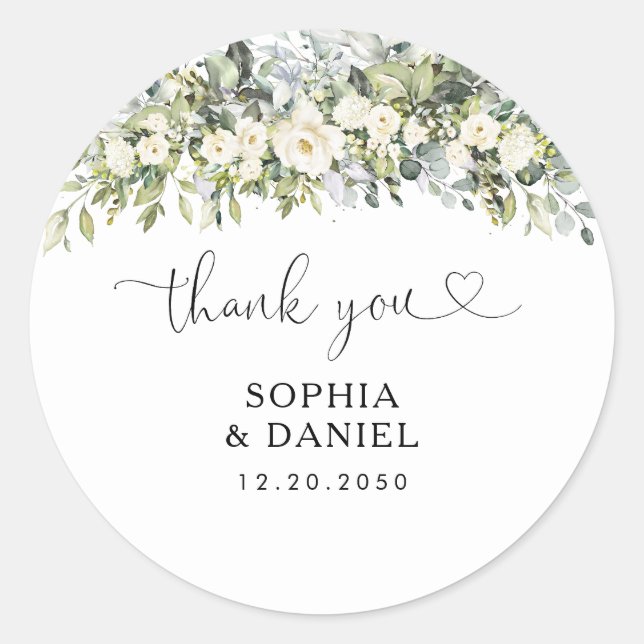 Autocollant Rond Classique de Mariage Floral Blanc (Devant)