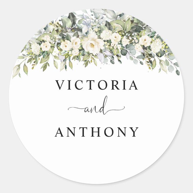 Autocollant Rond Classique de Mariage Floral Blanc (Devant)