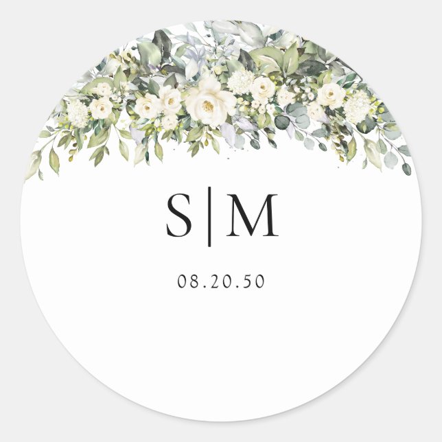 Autocollant Rond Classique de Mariage Floral Blanc (Devant)