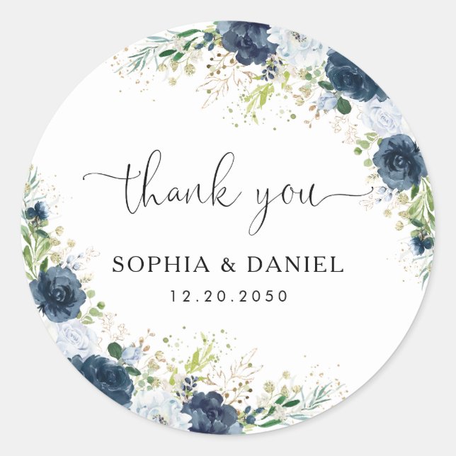 Autocollant rond classique de mariage floral bleu  (Devant)