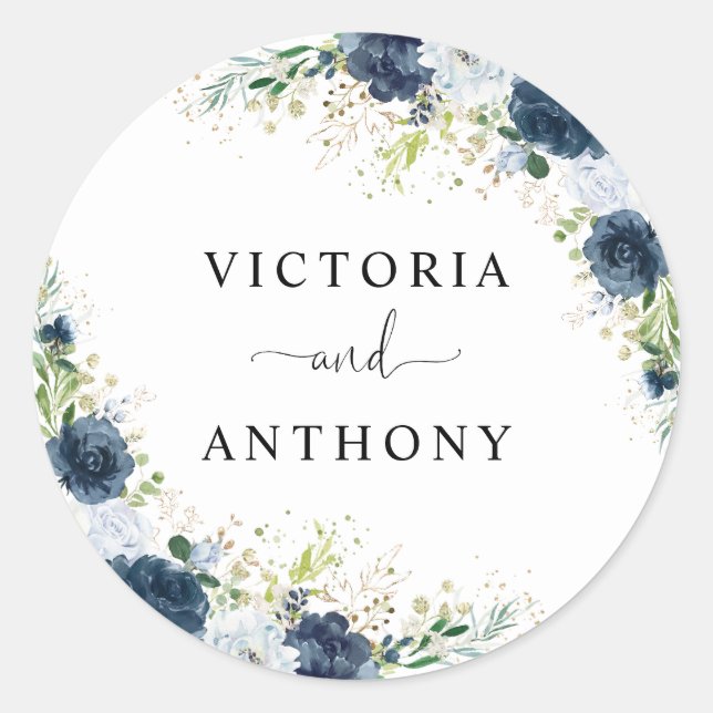 Autocollant rond classique de mariage floral bleu  (Devant)