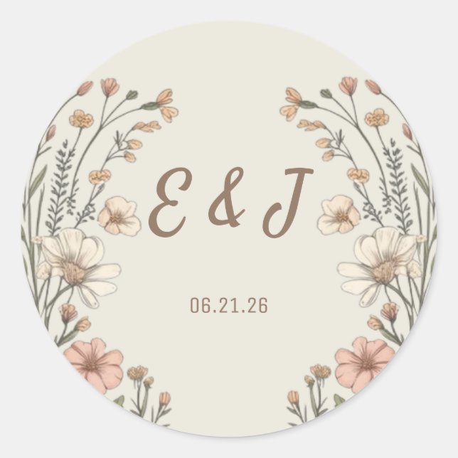 Autocollant Rond Classique de Mariage Floral Boho  (Devant)