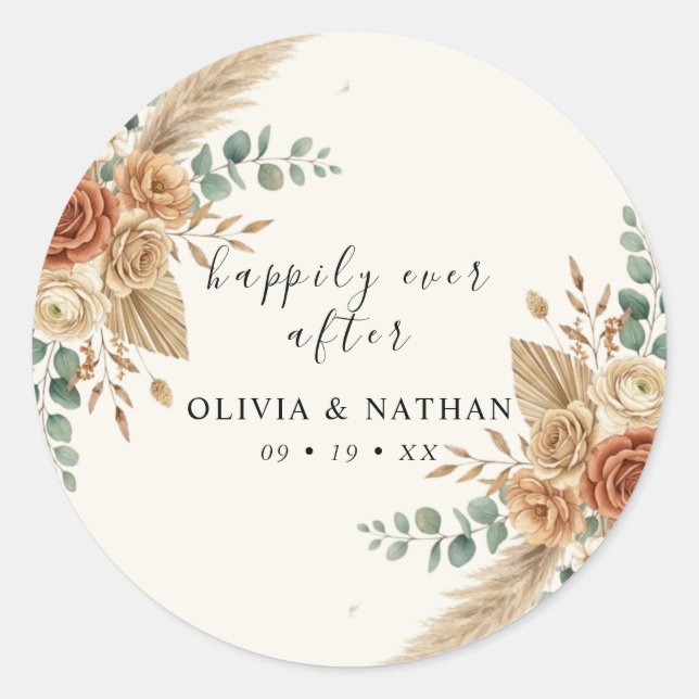 Autocollant rond classique de mariage floral Boho  (Devant)