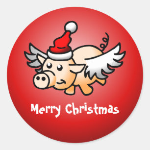 Autocollant rond classique de Noël Flying Pig Chri