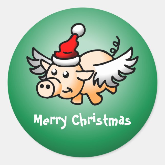 Autocollant rond classique de Noël Flying Pig Chri (Devant)