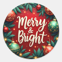 Autocollant rond classique de Noël Merry & Bright