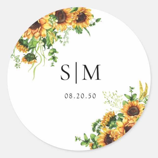 Autocollant Rond Classique Jaune Floral Mariage (Devant)