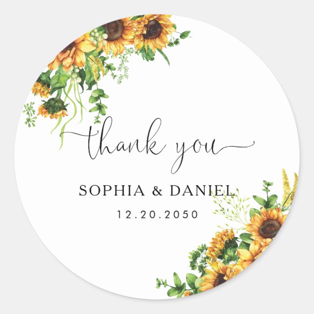 Autocollant Rond Classique Jaune Floral Mariage (Devant)
