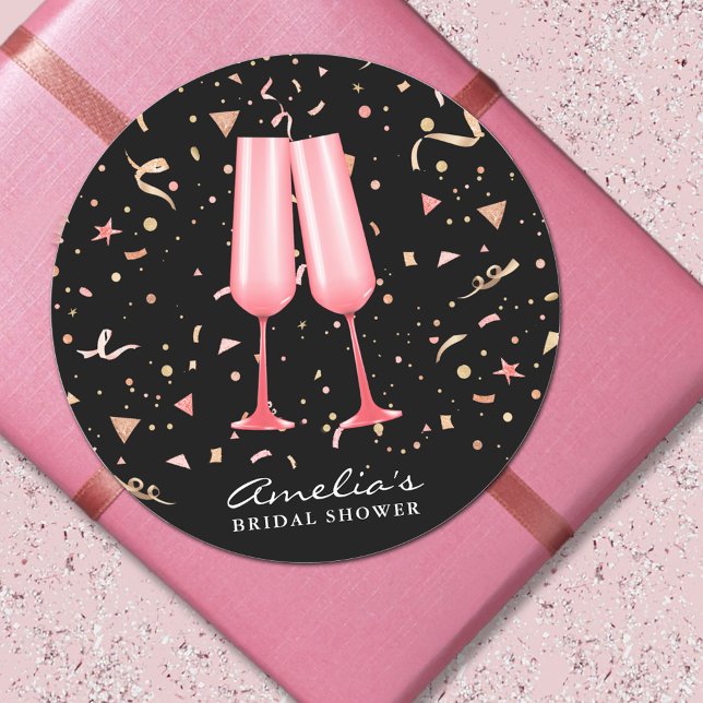 Autocollant Rond Classique Mariage Champagne Rose (Pink champagne glasses o black bridal shower 3" round stickers)