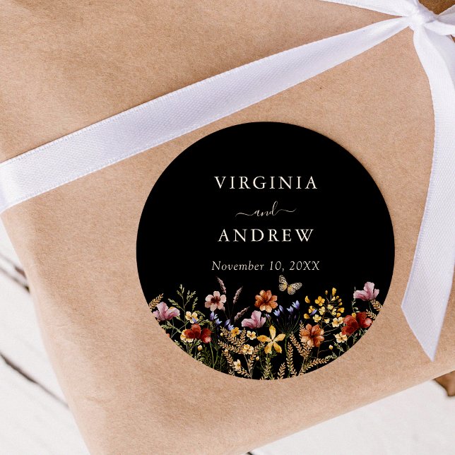 Autocollant Rond Classique Mariage Fleur Sauvage B (Black Boho Wildflower Wedding Classic Round Sticker by Painted Paperie
)