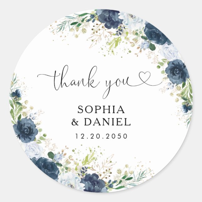 Autocollant rond classique mariage floral bleu mar (Devant)