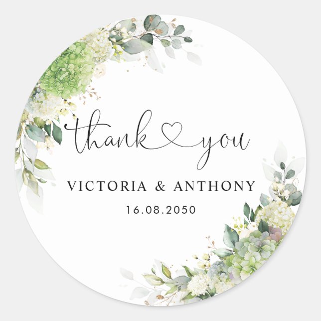 Autocollant Rond Classique Mariage Hydrangeas Élég (Devant)