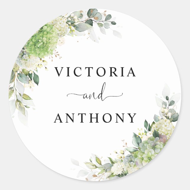 Autocollant Rond Classique Mariage Hydrangeas Élég (Devant)