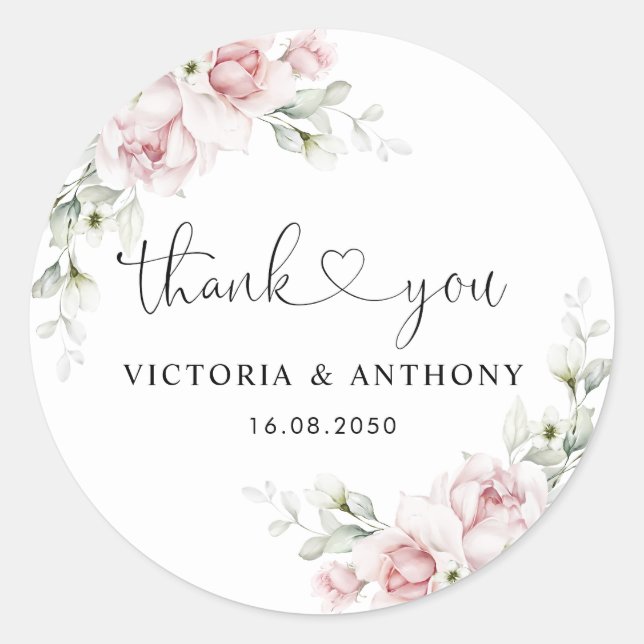 Autocollant Rond Classique Mariage Roses Rose Clai (Devant)