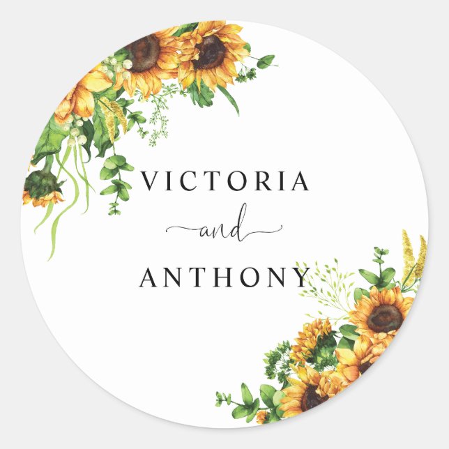 Autocollant Rond Classique Mariage Tournesol (Devant)