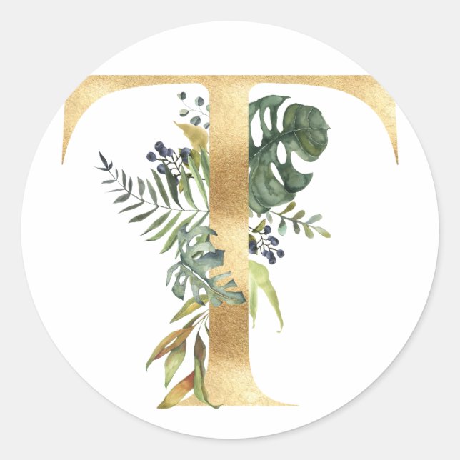 Autocollant rond classique monogramme floral or (Devant)