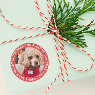 Autocollant rond classique photo de chien de Noël