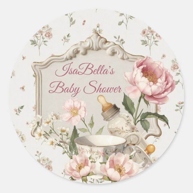 Autocollant Rond Classique pour Baby Shower First  (Devant)