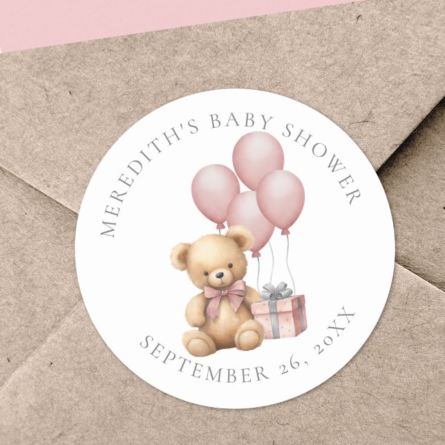 Autocollant Rond Classique pour Baby-Shower Ourson (Pink Teddy Bear Baby Shower Classic Round Sticker )