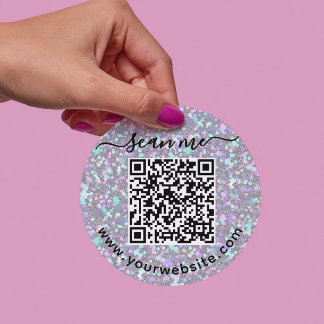 Autocollant rond code QR iridescent et texte perso