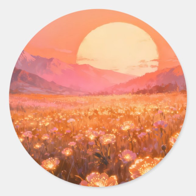 Autocollant Rond de Champ de Fleurs au Coucher du  (Devant)