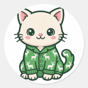 Autocollant Rond de Kitten en Pyjama de Noël