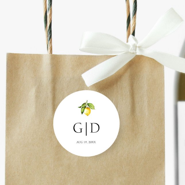 Autocollant rond de mariage à monogrammes citron j (Créateur téléchargé)