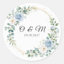 Autocollant Rond de Mariage Fleur Bleu Poussiéreux